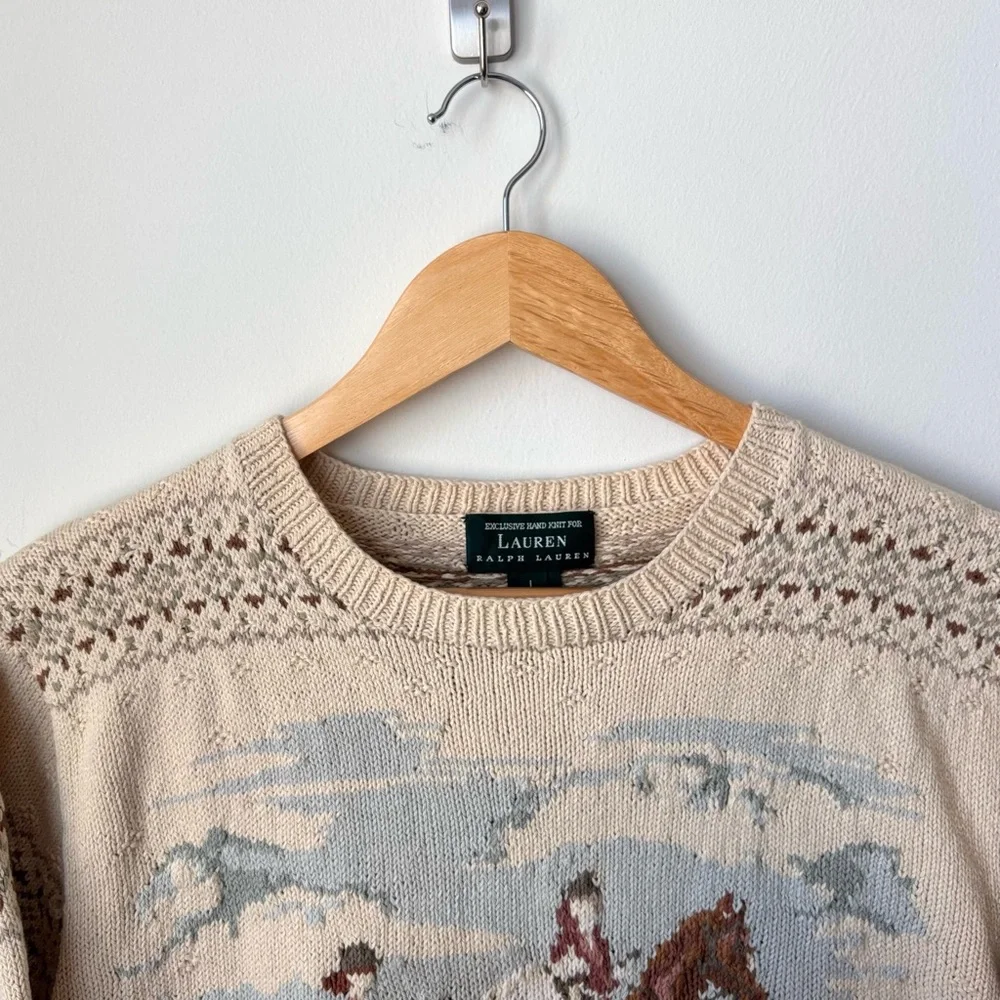 Vintage Ralph Lauren Equestrian Fox Hunt Sweater Size L Handknit Tapestry Horse - Picture 3 of 13